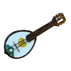 Vintage Celluloid Lute Mandolin Pin Brooch Faux Tortoise Shell Back 2.25 Cute!